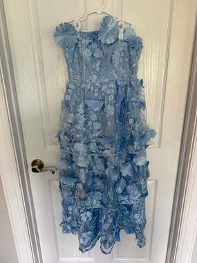 Innovare Denim Camelia Strapless Embroidered 3D Flower Maxi Dress in Blue